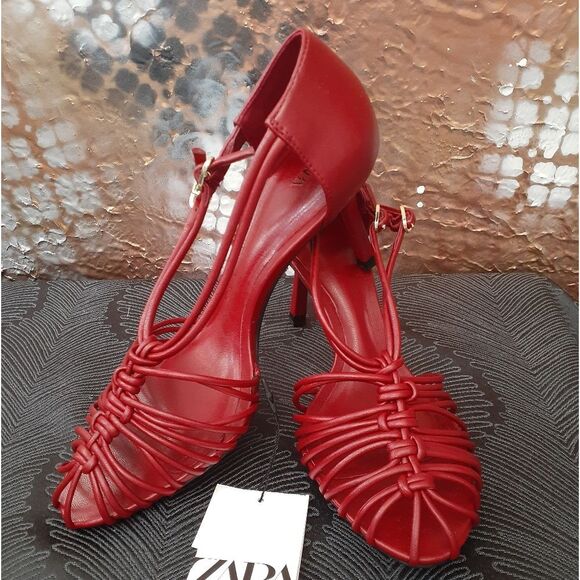 Zara Nwt Red Strappy Fisherman Style Women's Heels - Picture 13 of 13
